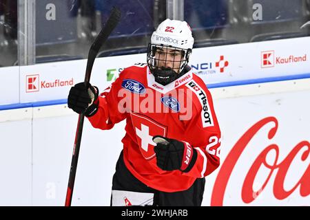 Liberec, Tschechische Republik. Februar 2024. Euro Hockey Tour Women: Czech Republic - Switzerland, Liberec, Czech Republic, 10. Februar 2024. Sinja Leemann aus der Schweiz feiert das zweite Tor. Quelle: Radek Petrasek/CTK Photo/Alamy Live News Stockfoto