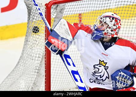 Liberec, Tschechische Republik. Februar 2024. Euro Hockey Tour Women: Czech Republic - Switzerland, Liberec, Czech Republic, 10. Februar 2024. Torhüter der Tschechischen Republik Viktorie Svejdova. Quelle: Radek Petrasek/CTK Photo/Alamy Live News Stockfoto