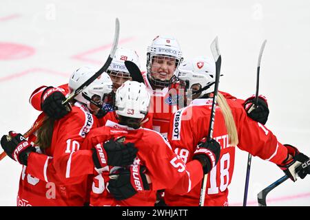 Liberec, Tschechische Republik. Februar 2024. Euro Hockey Tour Women: Czech Republic - Switzerland, Liberec, Czech Republic, 10. Februar 2024. Die Spieler der Schweiz feiern das erste Tor. Quelle: Radek Petrasek/CTK Photo/Alamy Live News Stockfoto