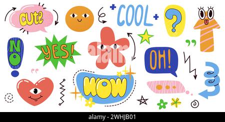 Set Kritzeleien. Kollektion aus zeitgenössischer Figur, Sprechblase mit Text, Pfeil und Herz in funky-groovigem Stil. Chatdesign-Element. Handgezeichneter Vektor Stock Vektor