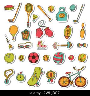 Aufkleber für gesunden Lebensstil. Sport-Symbole. Fitness-Set mit handgezeichnetem Doodle. Vektorabbildung Stock Vektor