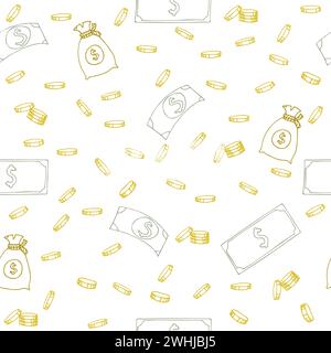 Nahtloses Muster mit Geld. Handgezeichnete Münzen, Dollarscheine und Geldbeutel Stock Vektor