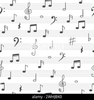 Hintergrundmusik mit nahtlosem Muster. Handgezeichnete Musiknotizen. Vektorabbildung Stock Vektor