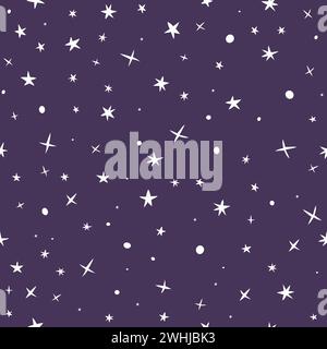Niedliches handgezeichnetes nahtloses Muster mit Nachthimmel und Sternen. Vektorabbildung Stock Vektor