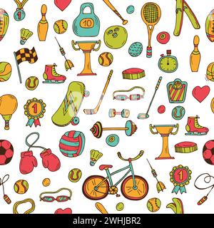 Hand drawn fitness, sport seamless pattern. Doodle icons in sketch style. Vector illustration Stock Vektor