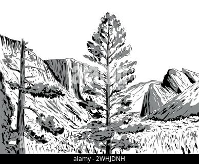 Wawona Tunnel Vista Ansicht des Yosemite National Park Comics Style Zeichnung Stockfoto