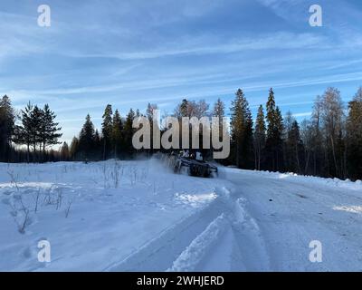 Tapa, Estland. Februar 2024. Ein estnischer Panzerträger CV90 fährt durch das schneebedeckte Trainingsgelände. Während einer Winterübung in Estland trainieren NATO-Truppen, um die Ostflanke der NATO unter kalten Winterbedingungen zu schützen und zu verteidigen. Die Streitkräfte Frankreichs und Großbritanniens nehmen ebenfalls an der 1. Übung Teil, die vom 15. Februar bis Ende des Jahres läuft. Quelle: Alexander Welscher/dpa/Alamy Live News Stockfoto