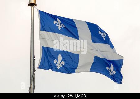 Nationalflagge von Quebec auf einem Fahnenmast, der im Wind fliegt Stockfoto