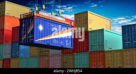 Frachtcontainer mit Flagge der Marshallinseln auf Kranhaken - 3D-Illustration Stockfoto