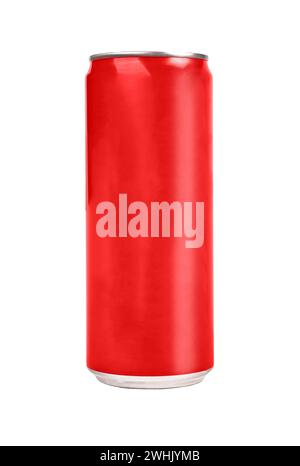 Rote Metalldose, Blechflaschenmodell. Limonade-Getränkeglas, metallisches Paket, isoliert auf weißem Hintergrund Stockfoto