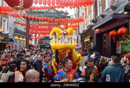 London, Großbritannien. Februar 2024. Löwentänzer treten auf, um zum chinesischen Neujahr in Londons Chinatown Glück in Restaurants und Geschäften zu bringen. (Foto: Vuk Valcic/SOPA Images/SIPA USA) Credit: SIPA USA/Alamy Live News Stockfoto