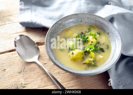 Vegetarische Suppe aus Gemüse wie Rosenkohl, Lauch und Kartoffel mit Petersilie in einer blauen Schüssel, Löffel und Serviette auf einem Stockfoto