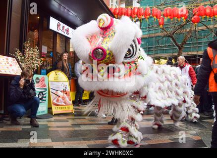 London, Großbritannien. Februar 2024. Löwentänzer treten auf, um zum chinesischen Neujahr in Londons Chinatown Glück in Restaurants und Geschäften zu bringen. (Credit Image: © Vuk Valcic/SOPA Images via ZUMA Press Wire) NUR REDAKTIONELLE VERWENDUNG! Nicht für kommerzielle ZWECKE! Quelle: ZUMA Press, Inc./Alamy Live News Stockfoto