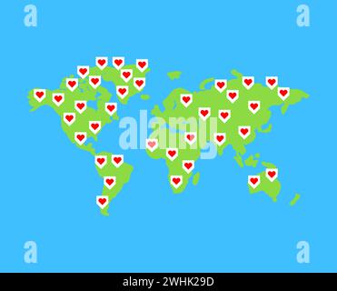 Lieblingskarte. Frieden im Herzen. Weltliebe. Weltkarte und Herz. Universelles Amour-Konzept Valentinstag Stock Vektor