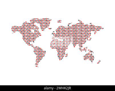 Love World Karte. Frieden im Herzen. Weltliebe. Weltkarte und Herz. Universelles Amour-Konzept Valentinstag Stock Vektor