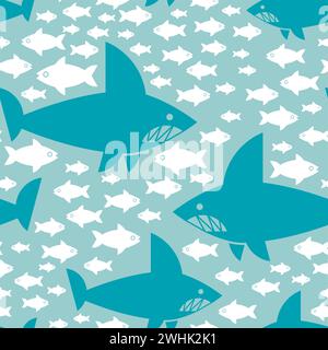 Nahtloses Muster von Haien und Fischen. Unterwasserwelt Hintergrund. Textur für Babygewebe Stock Vektor