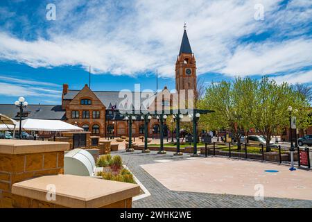 Ein Veranstaltungsort für lokale Musikauftritte auf dem Farmers Market in Cheyenne, Wyoming Stockfoto