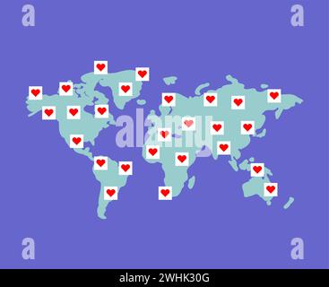 Lieblingskarte. Frieden im Herzen. Weltliebe. Weltkarte und Herz. Universelles Amour-Konzept Valentinstag Stock Vektor
