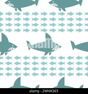 Nahtloses Muster von Haien und Fischen. Unterwasserwelt Hintergrund. Textur für Babygewebe Stock Vektor