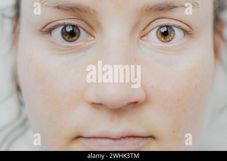 Beschreibung: Weibliches Braunes Auge Mit Langen Wimpern In Nahaufnahme. Strukturelle Anatomie. Menschliches Gesicht und Iris Makrodetail. Weiche Haut. Stockfoto