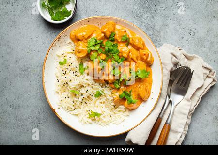 Traditionelles indisches Hähnchen-Curry mit Basmati-Reis und frischem Koriander auf rustikalem weißem Teller auf grauem Betontisch Stockfoto