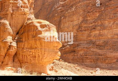 Menschliches Gesicht wie Stein in Wadi Rum, Jordan. Stockfoto