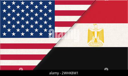 Flaggen der USA und Ägyptens. Amerikanische und ägyptische Nationalflaggen auf Stoffoberfläche. Flagge der USA und Egyp Stockfoto