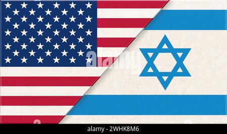 Flaggen der USA und Israels. Amerikanische und israelische Nationalflaggen auf Stoffoberfläche. Flagge der USA und Isra Stockfoto