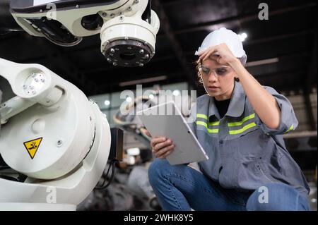 Eine Ingenieurin installiert ein Programm auf einem Roboterarm in einem Roboterlager. Und prüfen Sie die Funktion, bevor Sie die Maschine t senden Stockfoto