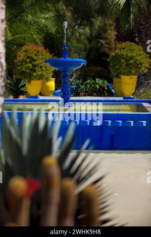 Brunnen mit Wasserbecken im Majorelle Garten, Botanik, Wasser, Teich, Flora, Pflanze, Botanik, Blume, tropisch, Klima, Architektur, Indigo, Blau Stockfoto