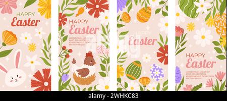 Ostersammlung mit vertikalen Social-Media-Vorlagen für Shopping-Angebote. Design mit Blumenrahmen, bemalten Eiern, Häschen und Huhn im Nest. Flache Hand d Stock Vektor