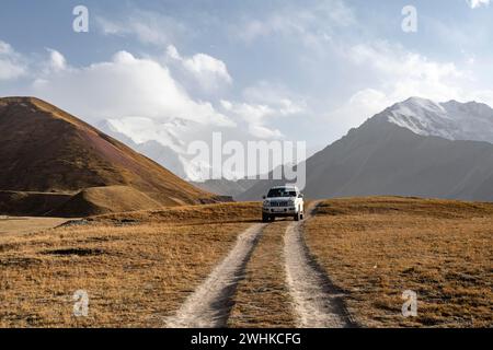 Geländefahrzeug auf einer Strecke zwischen gelben Wiesen, Gletschern im Hintergrund, Lenin Peak, Trans Alay Mountains, Pamir Stockfoto