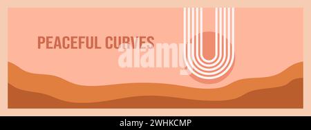 Minimalistische geometrische Zen-Bogen-Bannervorlage mit Text - friedliche Kurven. Abstrakte Boho-Formen in Retro-Ästhetik für vielseitige Designanwendungen. Vektor Stock Vektor