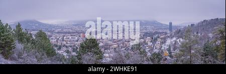 Jena im Winter mit dem Jentower im Stadtzentrum unter bewölktem Himmel, Jena, Thüringen, Deutschland Stockfoto