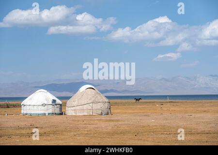 Jurten im Hochland, Song Kul Bergsee, Naryn Region, Kirgisistan Stockfoto
