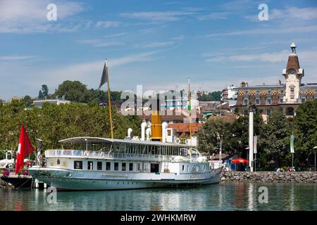 Alter Raddampfer auf dem Genfer See in Lausanne, Reise, Tourismus, Stadt, Waadt, Schweiz Stockfoto