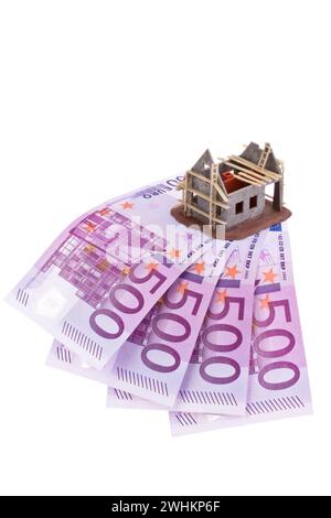 Viele Euro-Banknoten und die Hülle eines Hauses, Baukosten, Planung Stockfoto