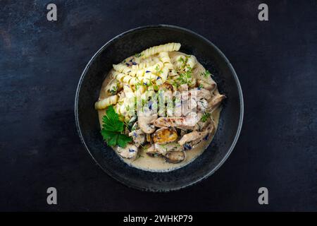 Traditionelles Schweizer ZÃ¼rcher geschnetzeltes vom Kalb mit Pilzen und Nudeln in Sahnesauce serviert als Blick von oben in einem Nordic des Stockfoto