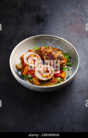 Traditionelle langsam gekochte deutsche Schweinesaucen mit Gemüse und Speck, serviert in scharfer Soße als Nahaufnahme auf einem Design-Teller Stockfoto