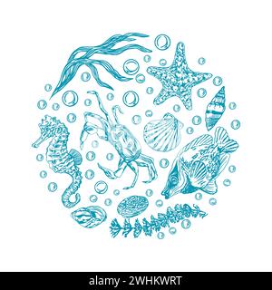 Meerestiere, Kreis. Grafikkunst. Krabben, Fische, Muscheln, Seesterne, Algen, Seepferd. Vektorabbildung. Designelement für Karten, Cover, nautische Pos. Stock Vektor