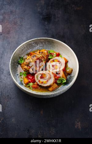 Traditionelle langsam gekochte deutsche Schweinesaucen mit Gemüse und Speck, serviert in scharfer Soße als Nahaufnahme auf einem Design-Teller Stockfoto