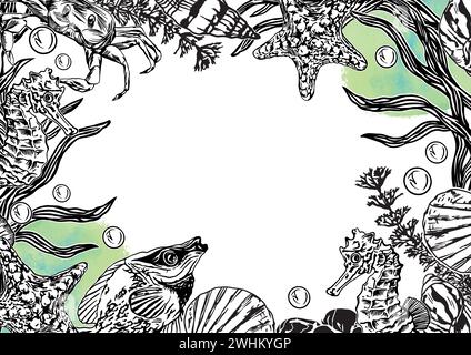 Marinahmen, quadratisch. Krabben, Fische, Seetang, Seesterne, Muscheln. Vektorillustration mit blauem Punkt. Designelement für Karten, Cover, nautische Poster, bann Stock Vektor
