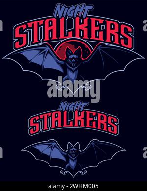 Illustration einer bedrohlichen Fledermaus für das Nachtstalker-Team auf einem nächtlichen Hintergrund. Stock Vektor
