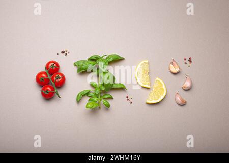 Zusammensetzung mit gesunden Lebensmittelzutaten: Zweig von frischen Kirschtomaten, Basilikumzweig, Knoblauchzehen, Zitronenkeile auf Minimum Stockfoto