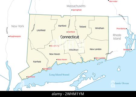 Politische Karte des Bundesstaates Connecticut, die die verschiedenen Countys der Region umreißt Stockfoto