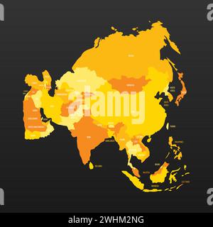Politische Landkarte Asiens. Gelbes Land mit Ländernamen auf dunkelgrauem Hintergrund. Ortographische Projektion. Vektorabbildung Stock Vektor