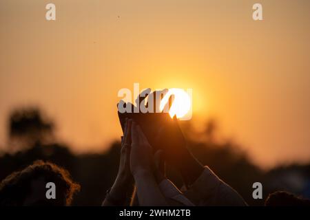 Unity in Silhouette: Multi-Racial Friends High-Fiving und Cheering Against Sunset Sky Stockfoto