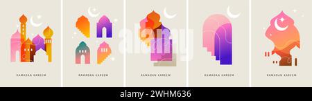 Kollektion moderner Ramadan Mubarak farbenfroher Designs. Grußkarten Set, Hintergründe. Fenster und Bögen mit Mond, Moschee Kuppel und Laternen Stock Vektor