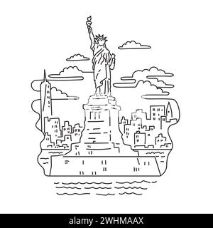 Freiheitsstatue mit New York City Skyline USA Mono Line Art Stockfoto