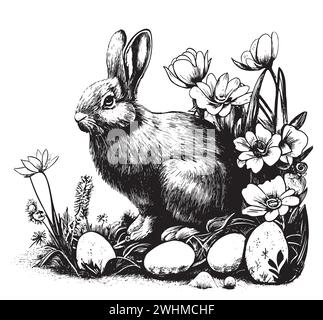 Osterhase in Blumen, Eiern und Frühlingsblumen umrahmen Kritzelung schwarz-weiße Vektor-Illustration für Malvorlagen oder Osterkarten Design. Stock Vektor